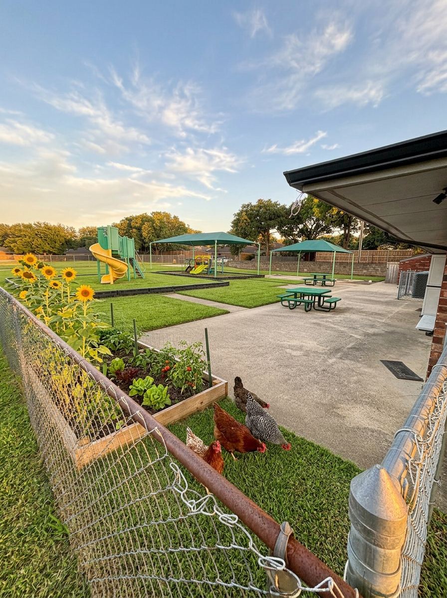 Our playground, shade structures and garden beds